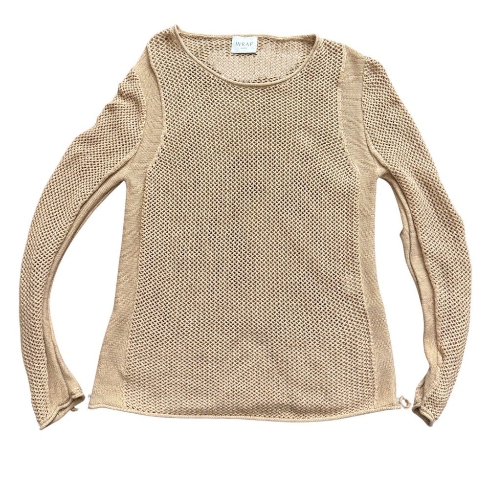 Wrap London Organic Cotton Mesh Knit Sweater Tan Beige Side Zip Fisherman US 4
